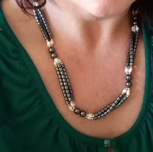 Jet and genuine Pearl gold plated necklace